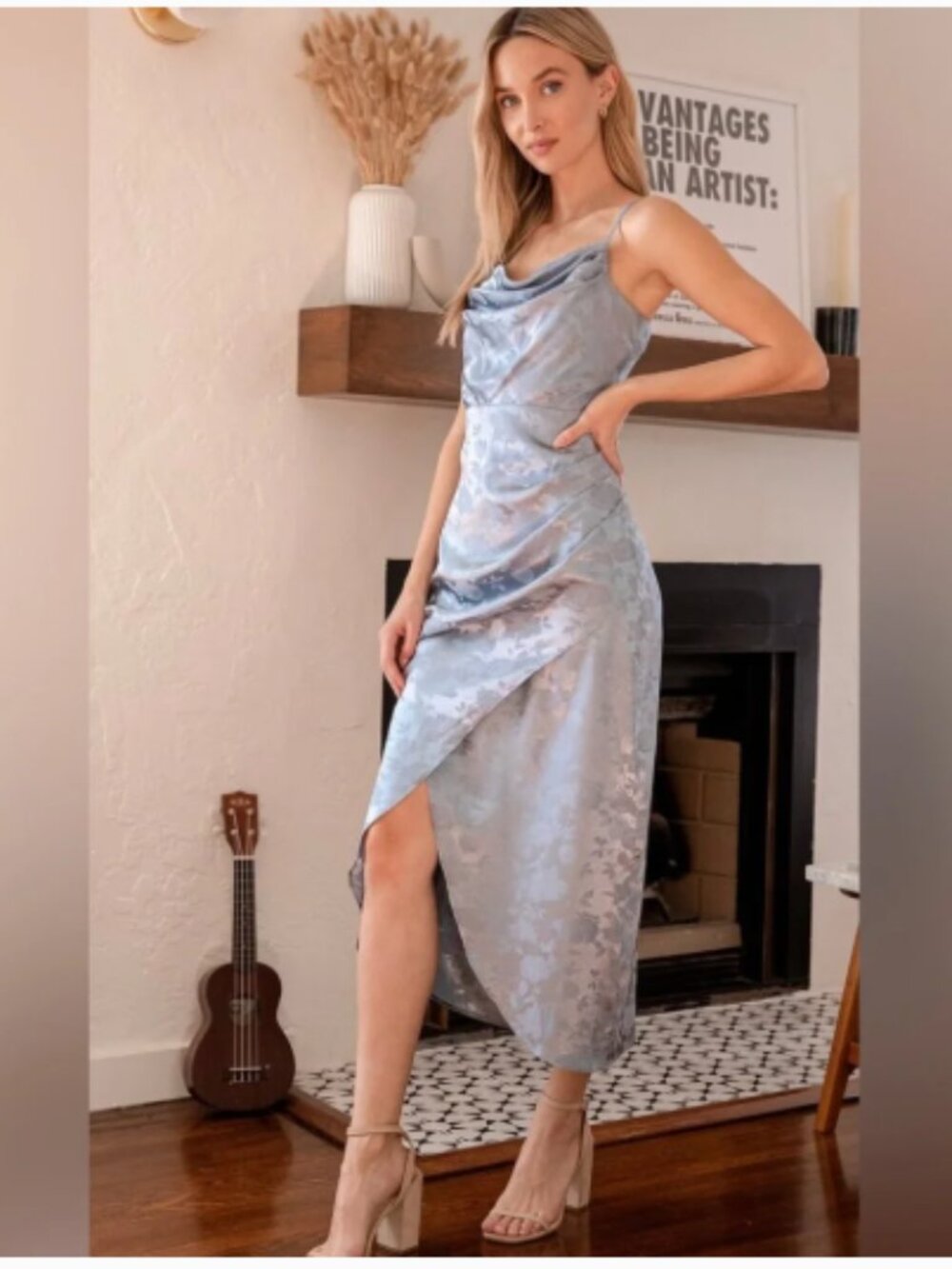 Lulu's Silver-Blue Satin Midi Dress